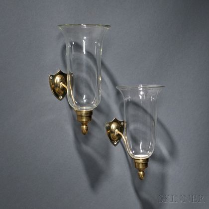 Pair of Shield-shaped Brass and Glass Candle Sconces