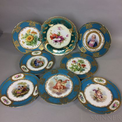 Eight Continental Hand-painted Porcelain Plates