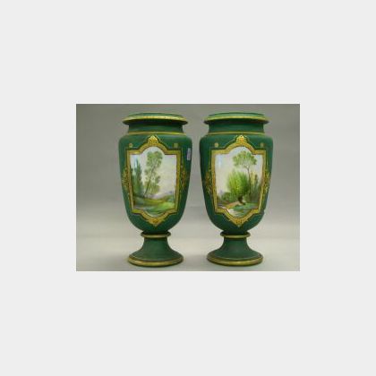 Pair of French Aesthetic Movement Painted Landscape Decorated Porcelain Vases. 