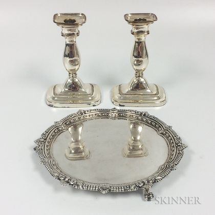 Sterling Silver Salver and a Pair of Silver-plated Candlesticks