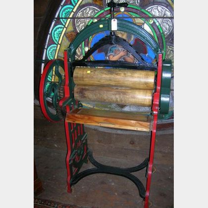 Painted Victorian Cast Iron and Wood Press on Stand, a Painted Cast Iron Counter Press, and an Iron and Wood Porters Two-Wheeler... 