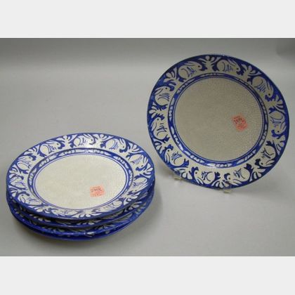 Four Dedham Pottery Rabbit Pattern Plates and a Fairbanks Crest and Rabbit Pattern Plate