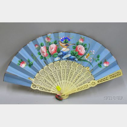 Chinese Export Carved Ivory and Hand-painted Paper Hand Fan. 