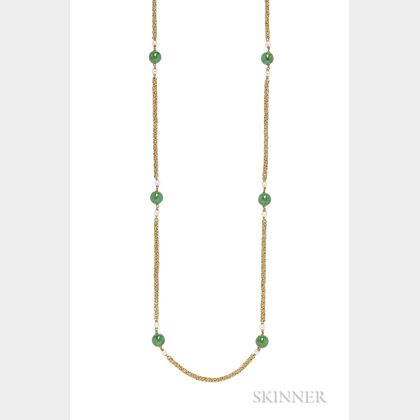 18kt Gold, Nephrite, and Cultured Pearl Long Chain, Pomellato