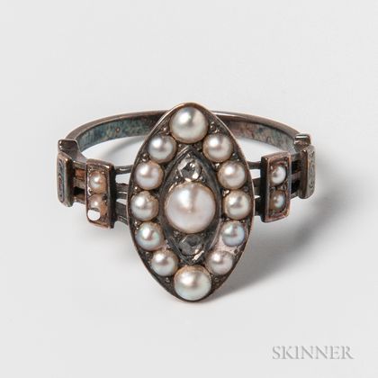 Antique 14kt White Gold, Rose-cut Diamond, and Pearl Ring