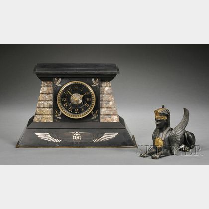 Egyptian Revival Marble, Slate, and Bronze-mounted Mantel Clock