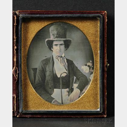 Sixth Plate Daguerreotype Portrait of a Seated Young Man Wearing a Top Hat