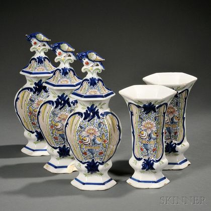 Dutch Delft Five-piece Vase Garniture