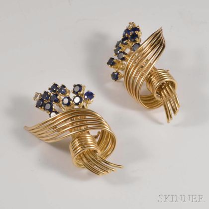 Retro 14kt Gold, Sapphire, and Diamond Earrings