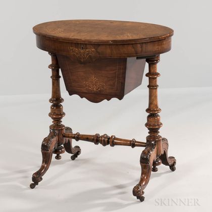 Victorian Walnut and Burlwood-veneered Oval Sewing Table