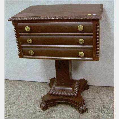 Classical-style Mahogany and Mahogany Veneer Three-Drawer Pedestal-base Work Table. 