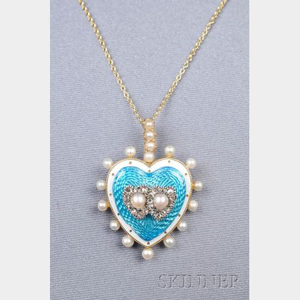 Antique 14kt Gold, Enamel, Seed Pearl, and Diamond Heart Pendant
