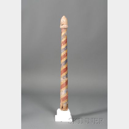 Red, Blue, and Gilt-painted Turned Wooden Barber Pole