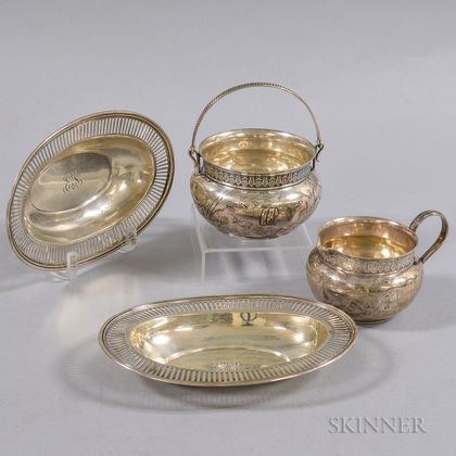 Pair of Tiffany & Co. Reticulated Trays and a Whiting Manufacturing Co. Engraved Sugar and Creamer Set