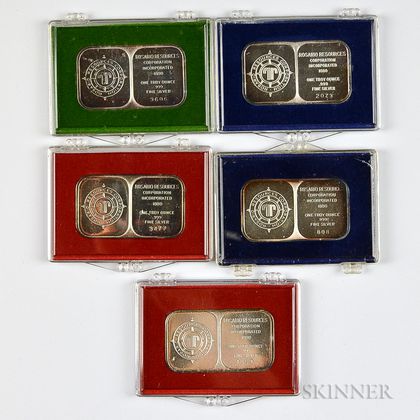 Five Rosario Resource Corporation One Troy Ounce Silver Art Bars. Estimate $60-80