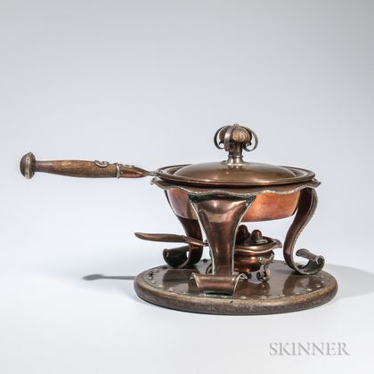 Copper and Silver Hand Hammered Chafing Dish, Stand, and Burner