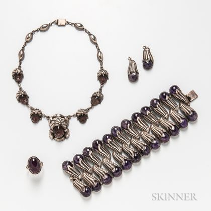 Sterling Silver and Amethyst Bracelet, Figural Necklace, Ring, and Two Pendants