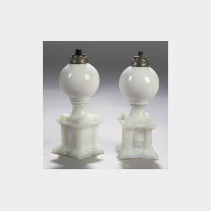 Pair of Opalescent White Free-blown and Pressed Glass Whale Oil Lamps