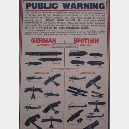 Framed WWI Era British/German Airship Public Warning Broadside. 