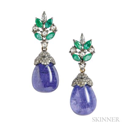 Tanzanite, Emerald, and Diamond Earrings