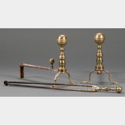 Pair of Brass and Iron Ball-top Andirons with a Pair of Tongs