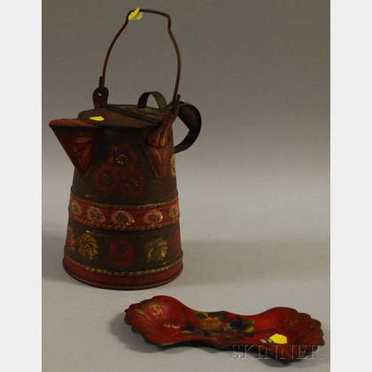 Polychrome-painted Tin Hot Water Kettle and Small Tray. 