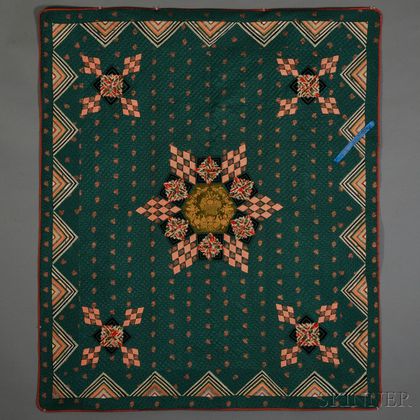 Pieced Silk Brocade and Embroidered Velvet Geometric Star Quilt