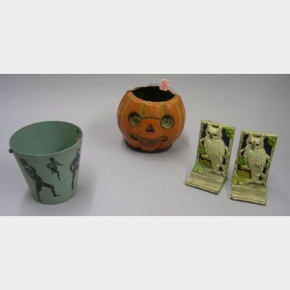 Vintage Painted Composition Sand Pail, a Painted Cardboard Jack-o-Lantern, and Pair of Painted Cast Iron Owl Bookends. 