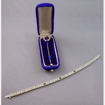 Art Deco 14kt Gold Filigree and Synthetic Sapphire Bracelet and an Antique 14kt Gold and Diamond Stickpin.e... 