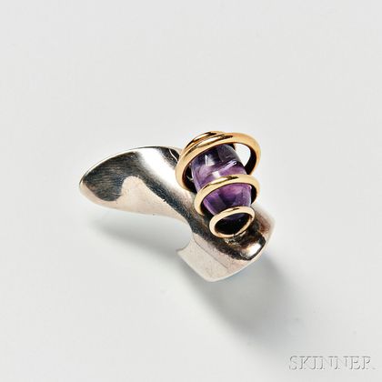 Art Smith Sterling Silver, 14kt Gold, and Amethyst Ring
