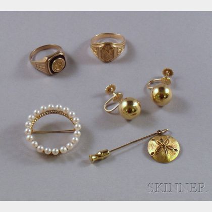 Pair of 14kt Gold Earrings, 14kt Gold and Pearl Brooch, Two 10kt Gold Rings, and a Gilt-Sterling Stickpin.e... 