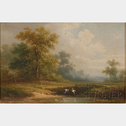 American/Continental School, 19th Century Landscape with a Pair of Storks at a Pond.