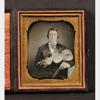 Sixth Plate Daguerreotype Portrait of a Man Holding a Violin and Bow