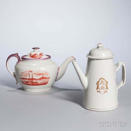 Staffordshire Transfer-printed Teapot, and Chinese Export Porcelain Armorial Coffeepot