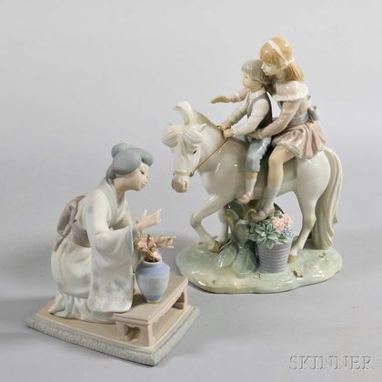 Lladro Figures of a Boy and Girl on Horseback and a Geisha