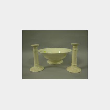 Wedgwood Embossed Queensware Center Bowl and a Pair of Candlesticks. 