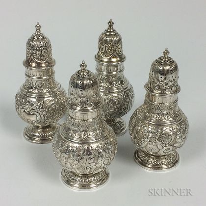 Four Sterling Silver Repousse Salt Shakers