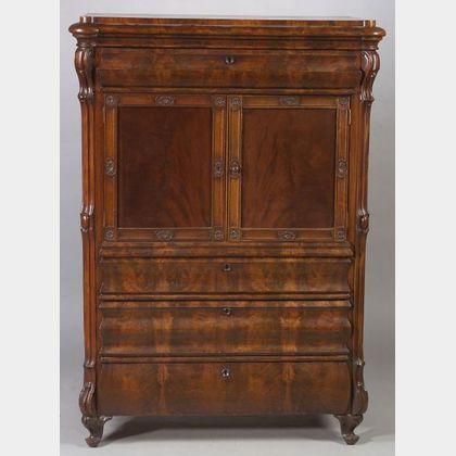Continental Carved Mahogany and Marquetry-inlaid Secretaire