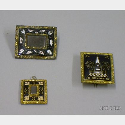 Three Antique Gilt and Enamel Memorial Jewelry Items