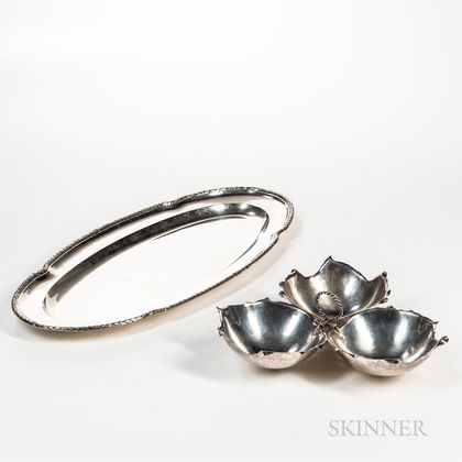 Sterling Silver Three-part Leaf-form Dish and a Silver-plated Oblong Tray