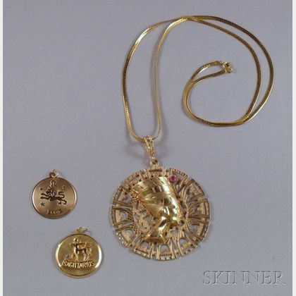 Two 14kt Gold Zodiac Pendants and a Large 14kt Gold Nefertiti Pendant on 14kt Gold Chain. 