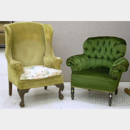 Chippendale-style Upholstered Carved Mahogany Wing Chair and an Edwardian Upholstered Easy Chair. 