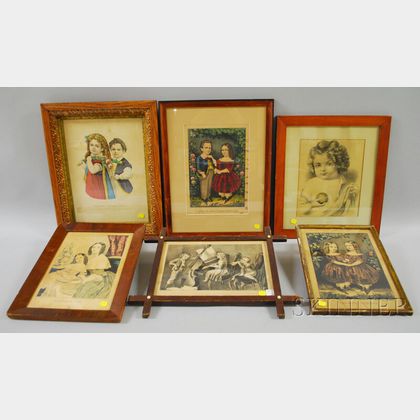 Six Framed Mostly Small Folio Hand-colored Lithographs Depicting Children