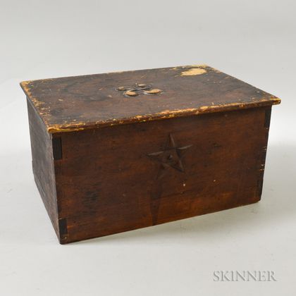 Red-painted and Carved Pine "Log Cover" Box