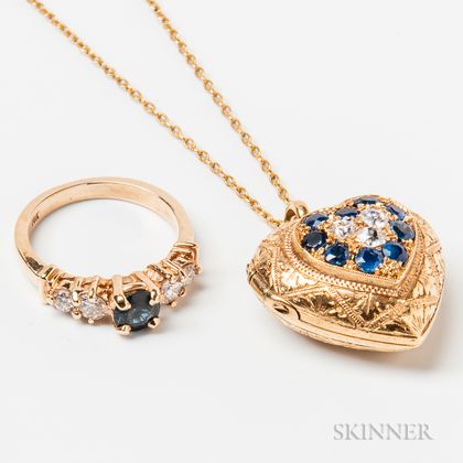 18kt Gold, Sapphire, and Diamond Heart Locket Pendant and a 14kt Gold, Sapphire, and Diamond Ring