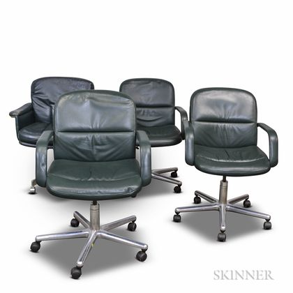 Set of Four Green Leather Office Chairs. Estimate $20-40