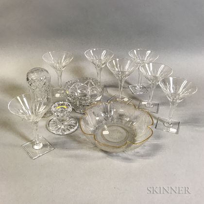 Set of Eleven Limoges Porcelain Plates and Seven Hawkes Colorless Glass Champagnes
