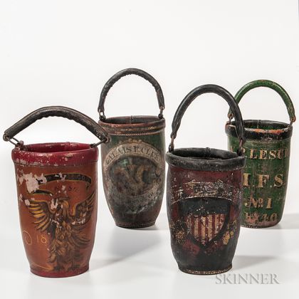 Four Painted Leather Fire Buckets