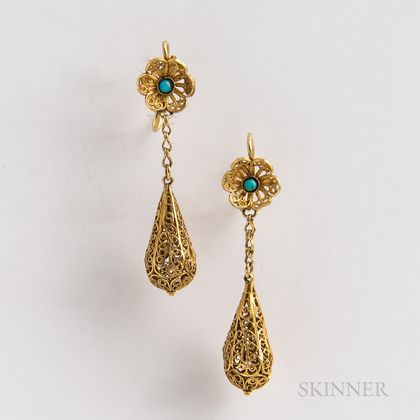 Pair of 14kt Gold and Turquoise Filigree Earrings