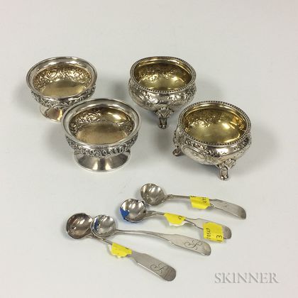 Pair of Sterling Silver Salts, a Pair of Silver-plated Salts, and Four Coin Silver Salt Spoons